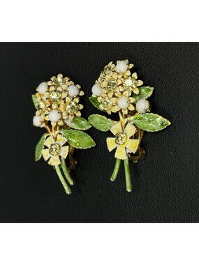 Vintage Signed Robert Floral Bouquet Clip-On Earrings White Enamel Faux Pearl Rh
